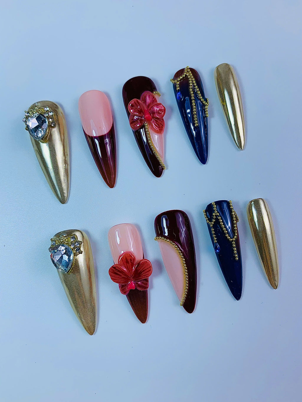 Luxury Burgundy Gold Floral Chrome Press On Nail Set Handmade Elegant Design