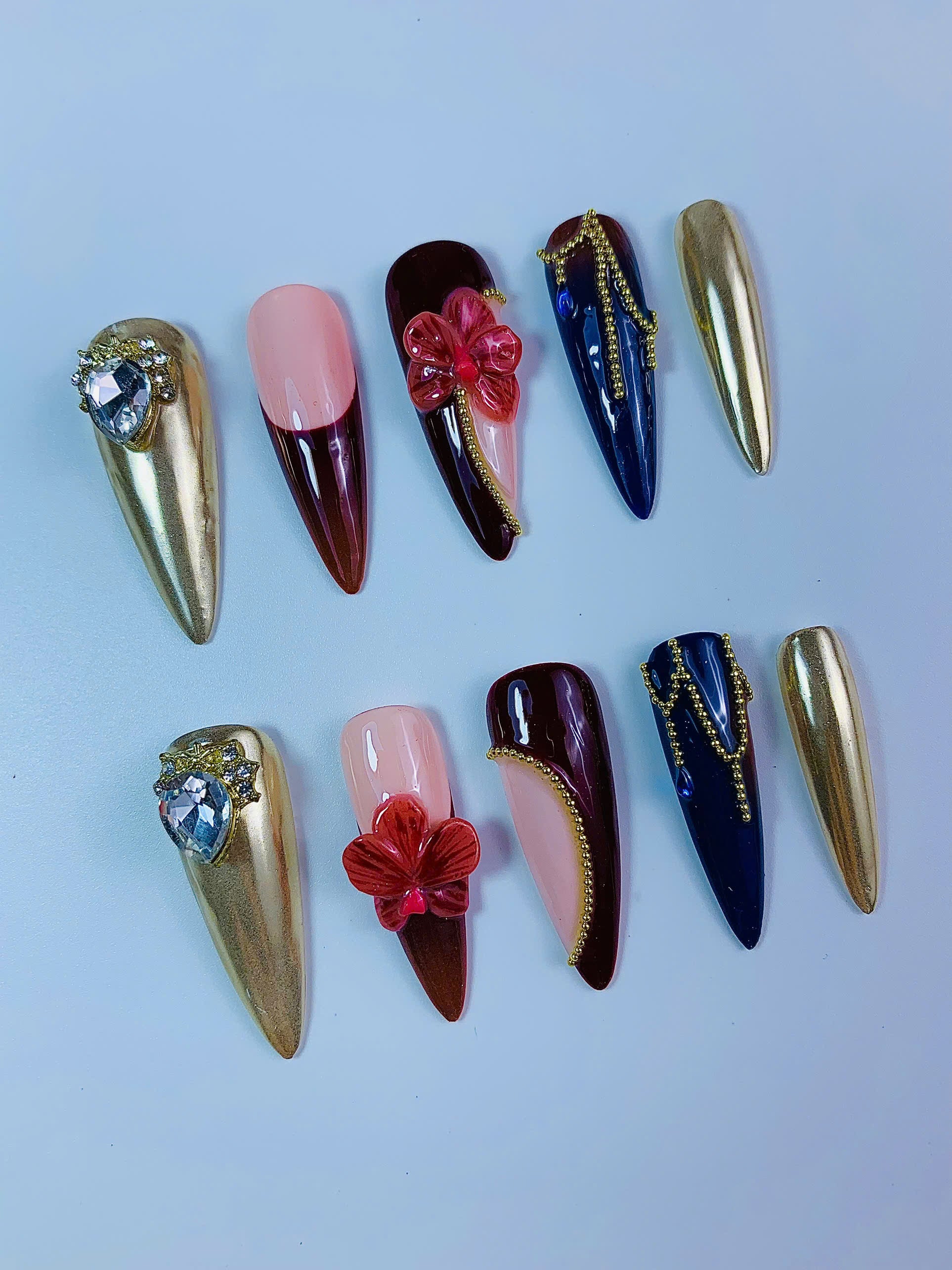 Luxury Burgundy Gold Floral Chrome Press On Nail Set Handmade Elegant Design