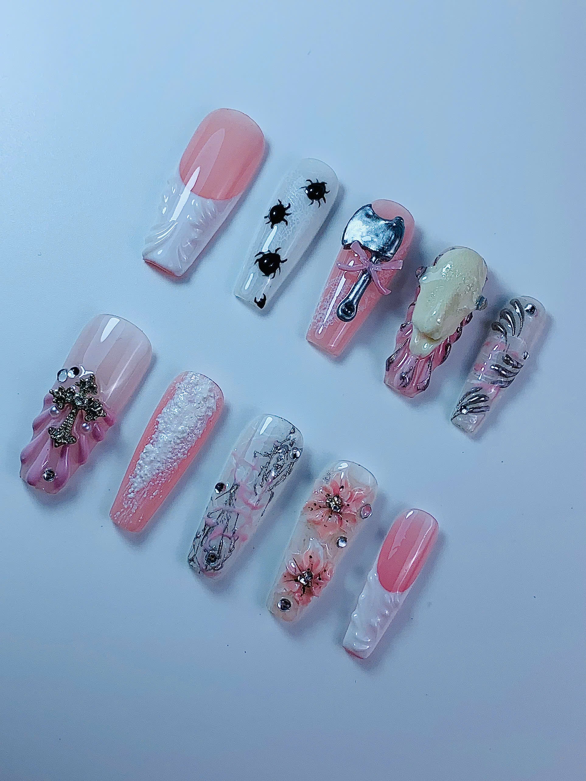 Pink Gothic Floral Cross Skull Press On Nail Set Handmade Art Design