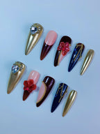 Luxury Burgundy Gold Floral Chrome Press On Nail Set Handmade Elegant Design