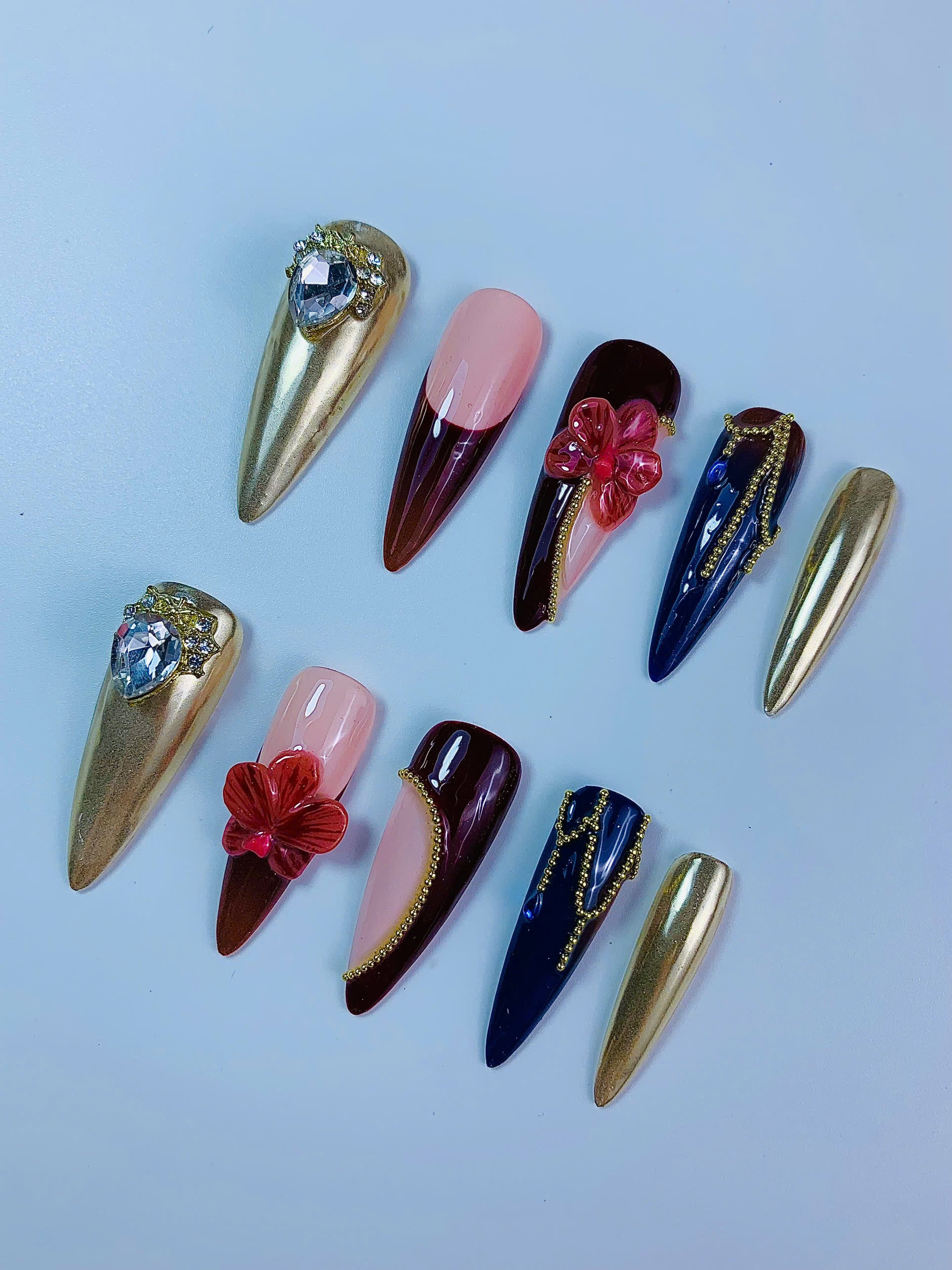Luxury Burgundy Gold Floral Chrome Press On Nail Set Handmade Elegant Design