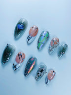 Celestial Chrome Star Press On Nail Set Handmade Futuristic Art Design