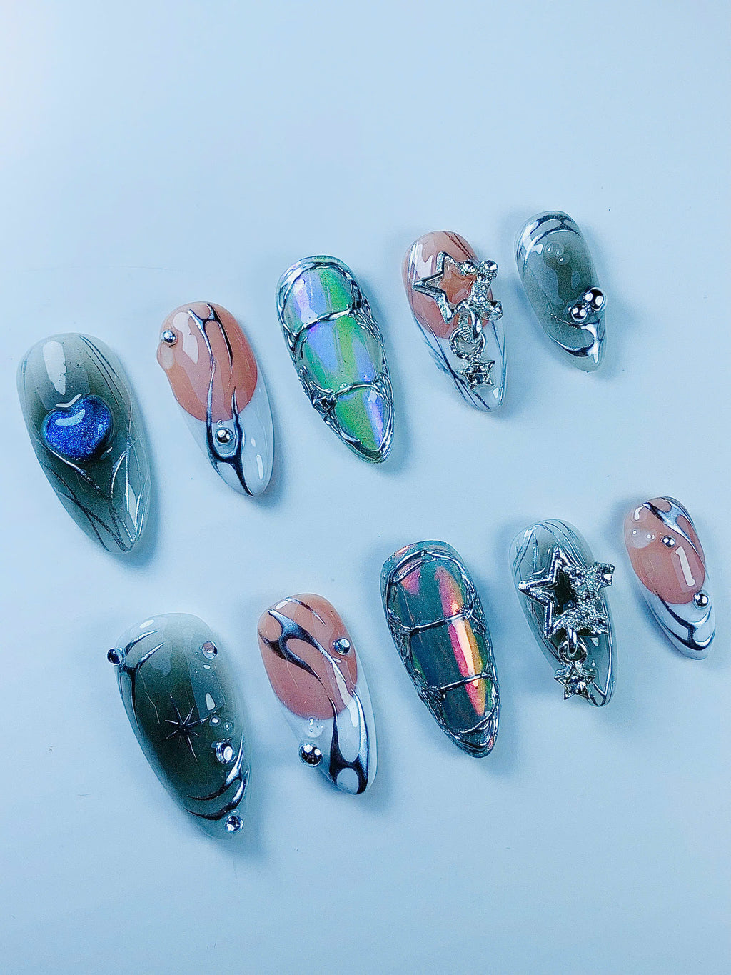 Celestial Chrome Star Press On Nail Set Handmade Futuristic Art Design