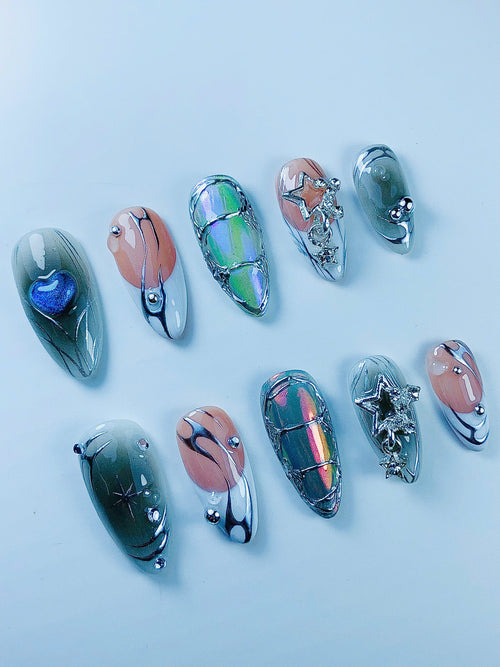 Celestial Chrome Star Press On Nail Set Handmade Futuristic Art Design