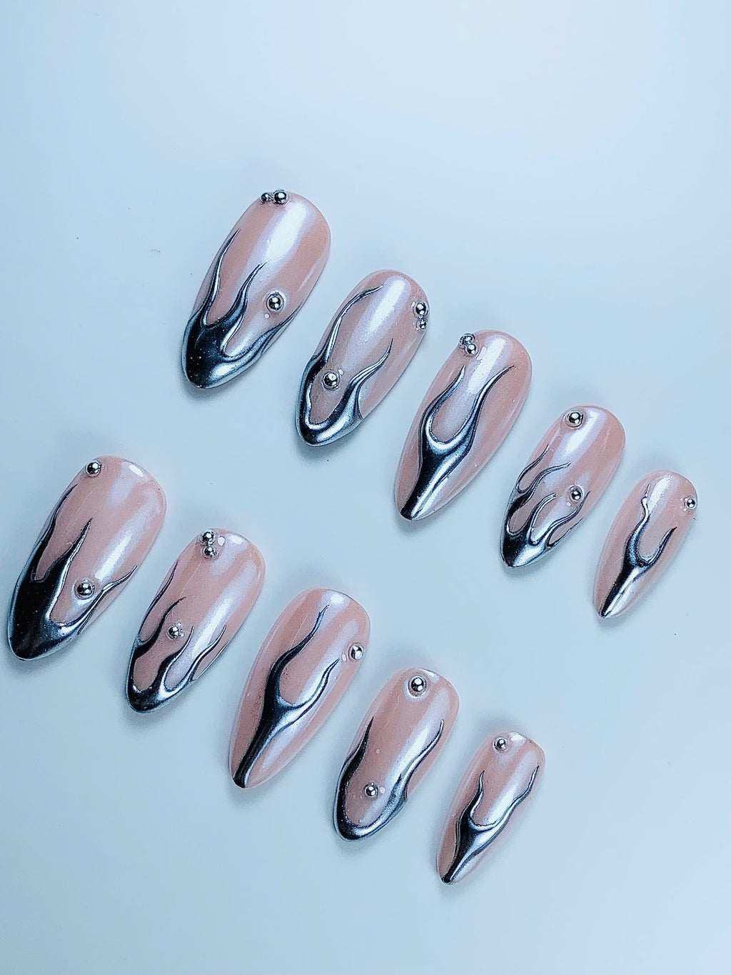 Silver Chrome Flame Press On Nail Set Handmade Metallic Minimalist Design Art