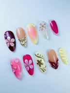 Tropical Floral Hibiscus Press On Nail Set Handmade Summer Art Design