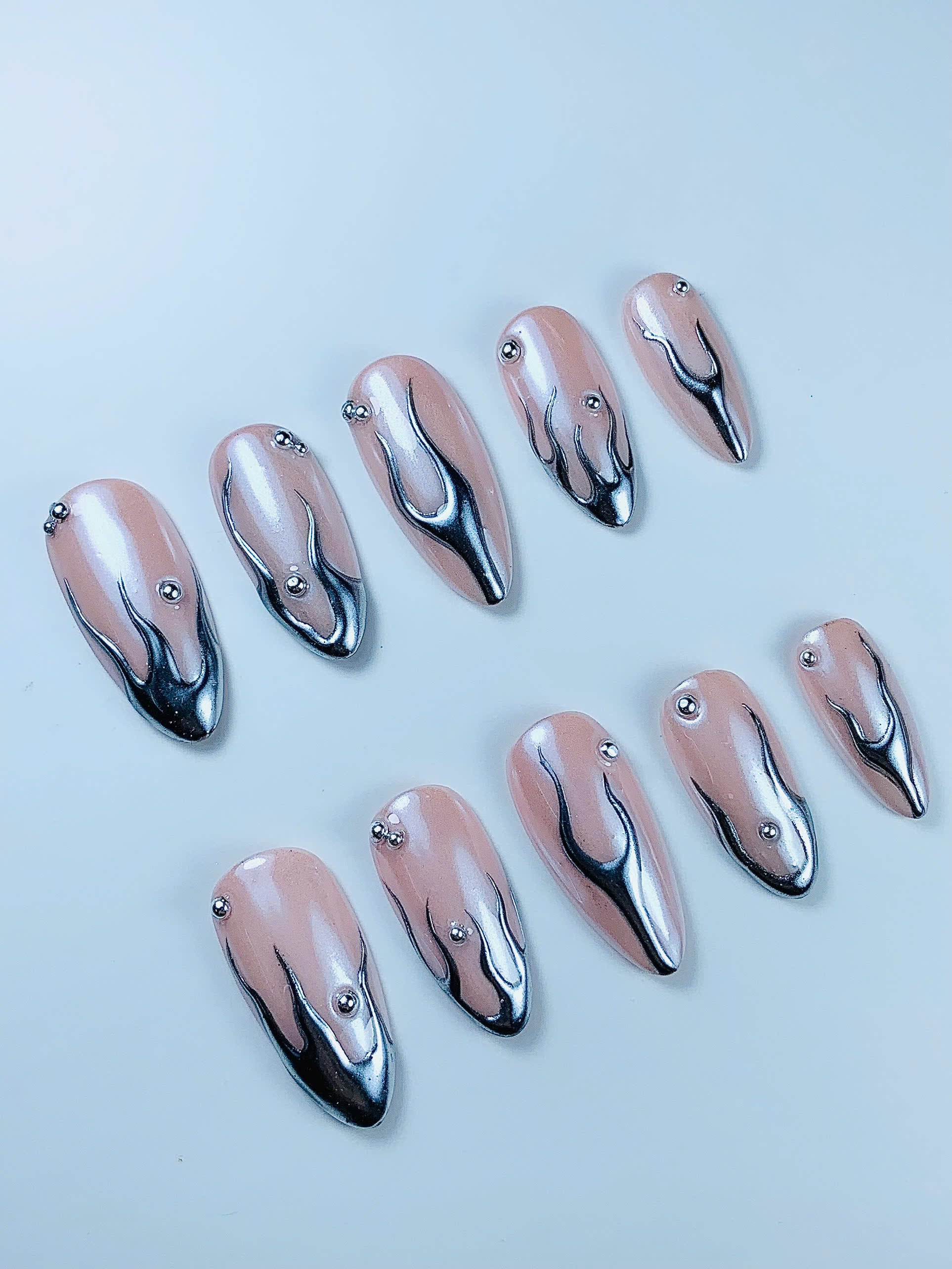 Silver Chrome Flame Press On Nail Set Handmade Metallic Minimalist Design Art