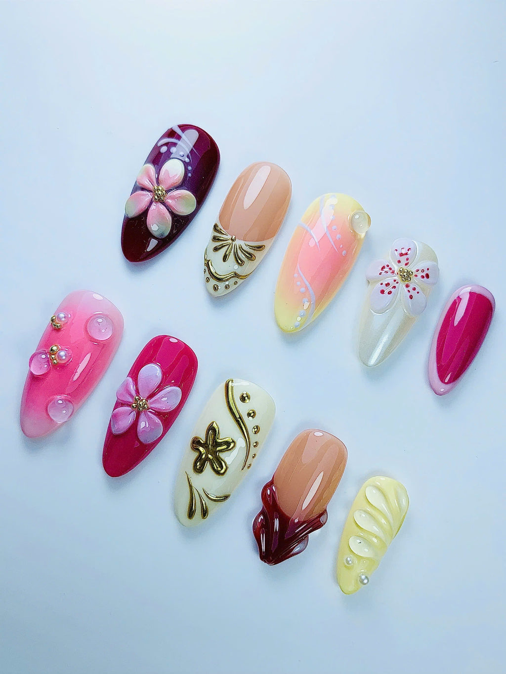 Tropical Floral Hibiscus Press On Nail Set Handmade Summer Art Design