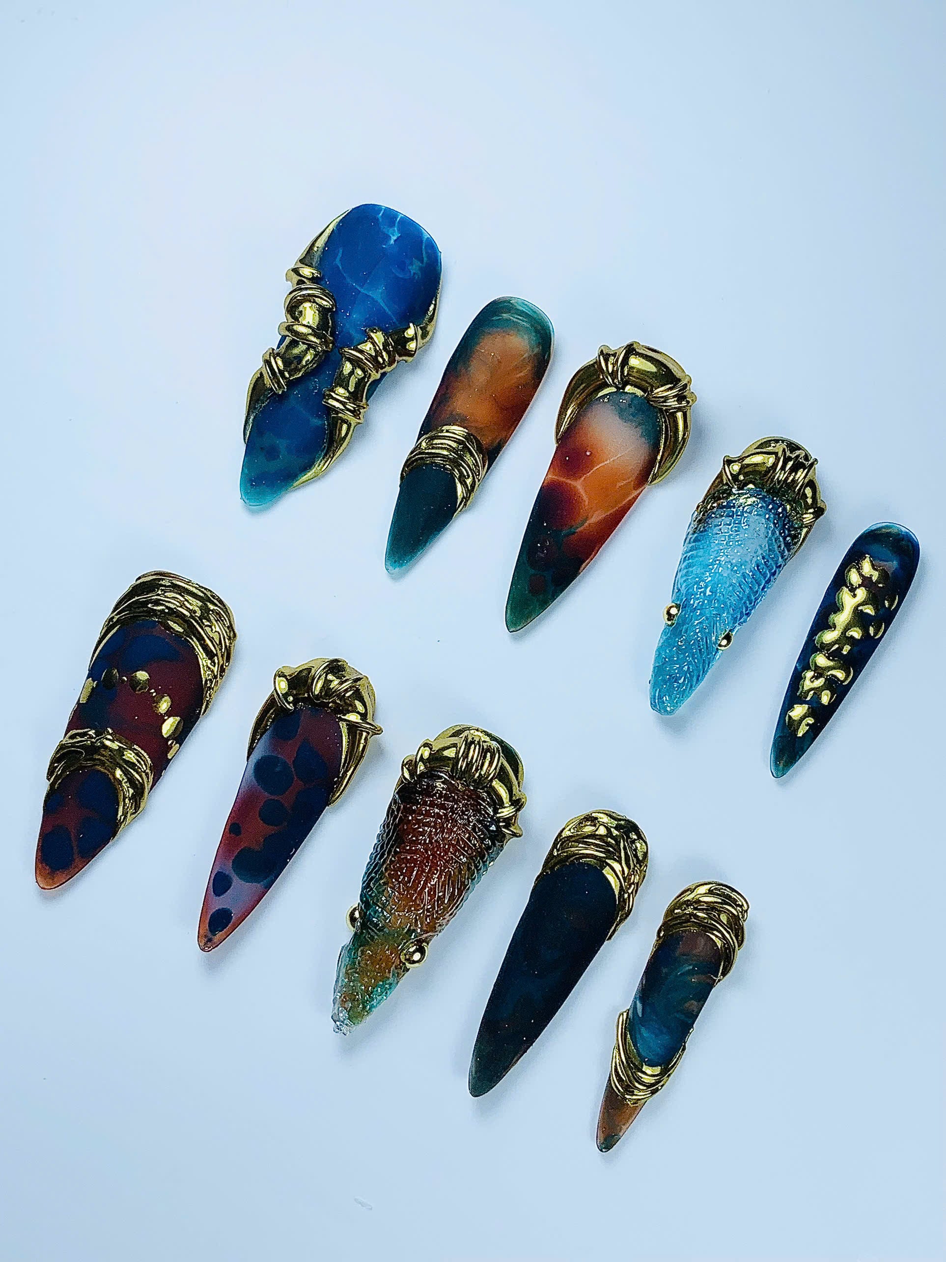 Fantasy Ocean Armor Press On Nail Set Handmade Sculptural Art Design
