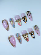 Luxury Marble Gold Press On Nail Set Handmade Abstract Art Design