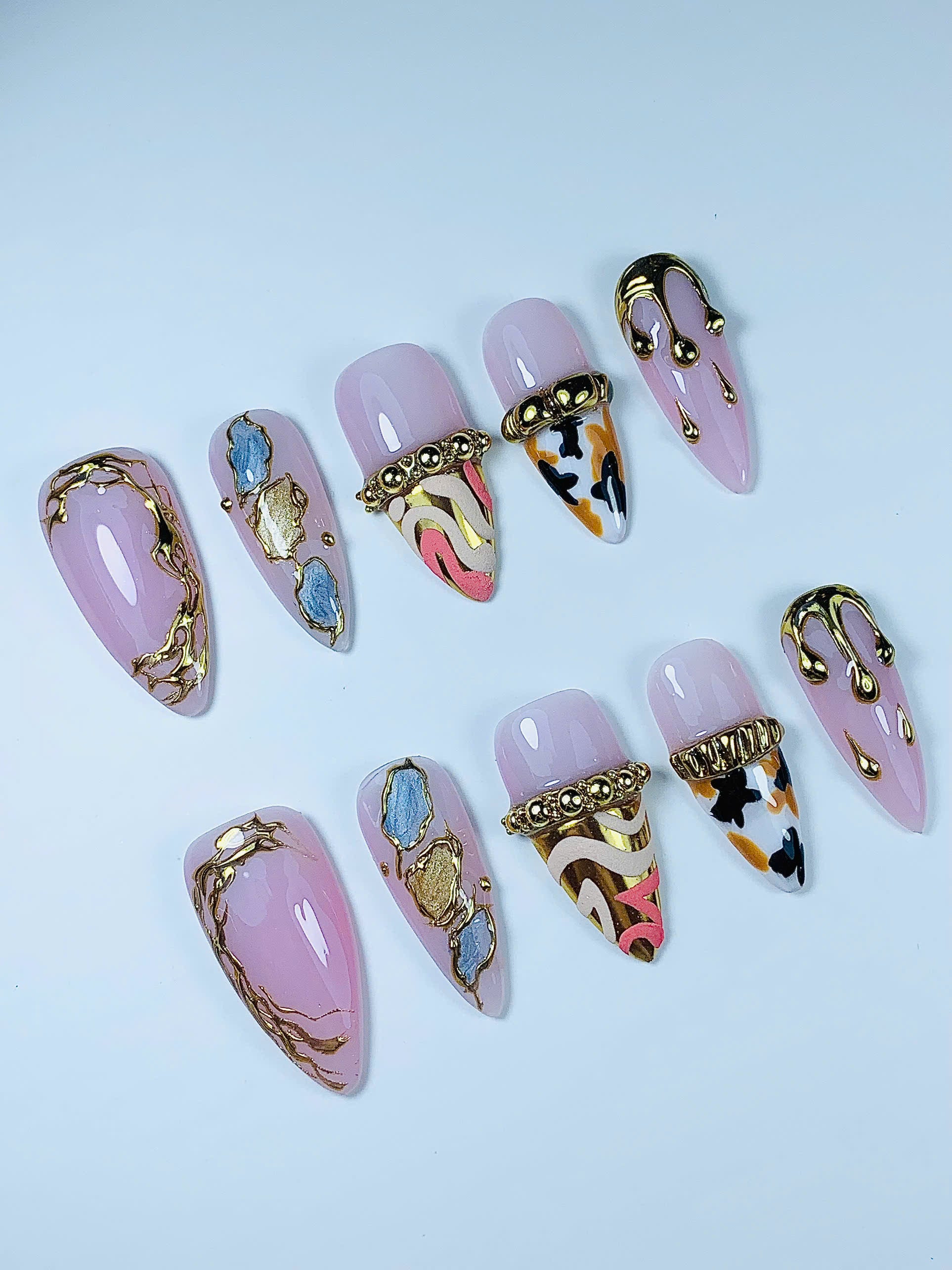 Luxury Marble Gold Press On Nail Set Handmade Abstract Art Design