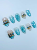 Blue Cross Polka Dot Press On Nail Set Handmade Christian Luxury Design