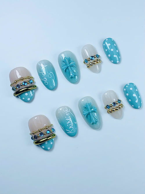 Blue Cross Polka Dot Press On Nail Set Handmade Christian Luxury Design