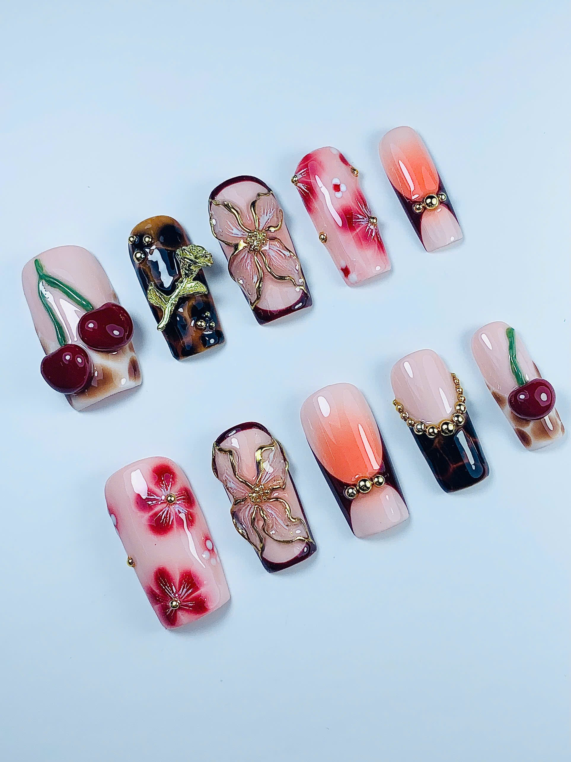 Cherry Blossom Floral Press On Nail Set Handmade Elegant Fruit Design