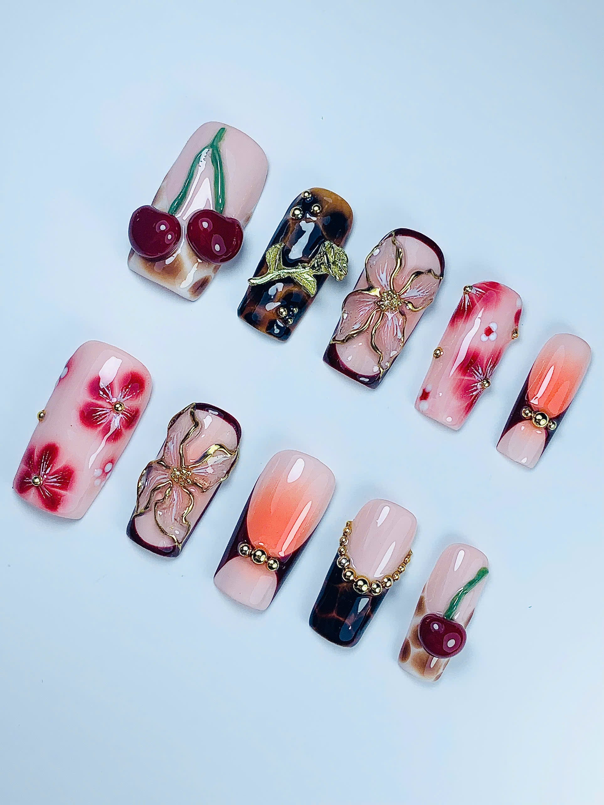 Cherry Blossom Floral Press On Nail Set Handmade Elegant Fruit Design