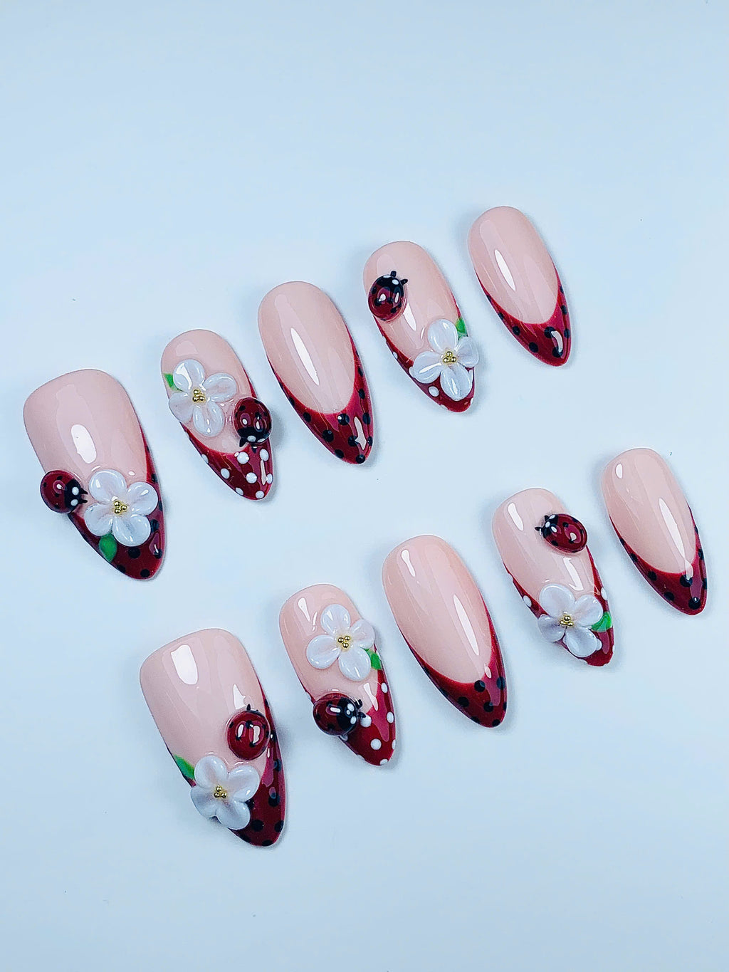 Ladybug Daisy French Press On Nail Set Handmade Cute Garden Design