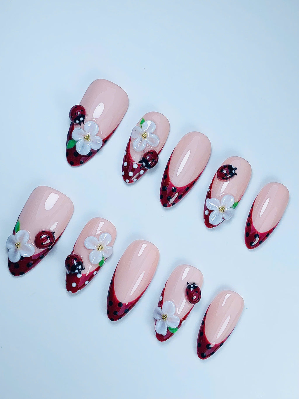 Ladybug Daisy French Press On Nail Set Handmade Cute Garden Design