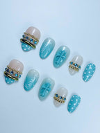 Blue Cross Polka Dot Press On Nail Set Handmade Christian Luxury Design