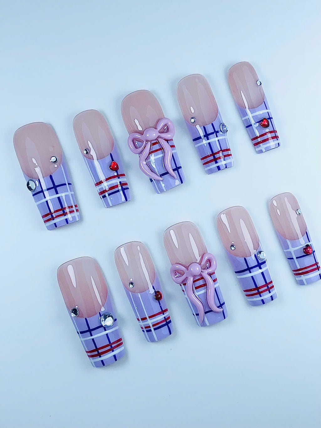 Coquette Plaid Bow Rhinestone Press On Nail Set