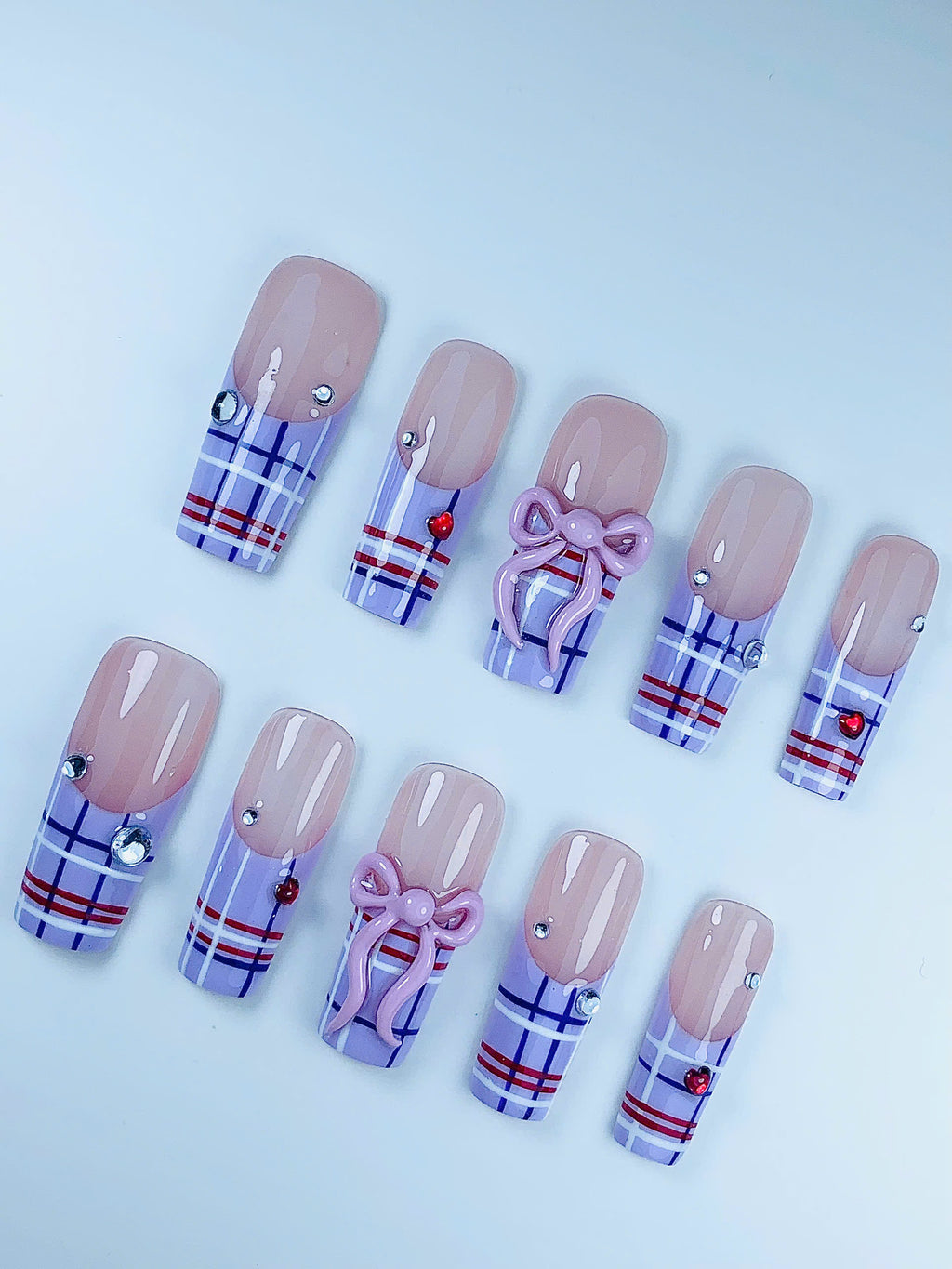Coquette Plaid Bow Rhinestone Press On Nail Set