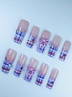 Coquette Plaid Bow Rhinestone Press On Nail Set